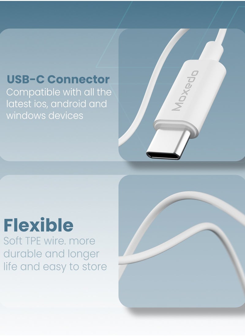 Moxedo Mono Stereo Earphone USB Type-C Connector Earphone with In-Line Remote, Built-in Microphone for iPhone 15, Samsung Galaxy S24 Ultra/S21 Ultra/S20 FE Note 20/10, iPad Pro 2018/Mac Book (White)
