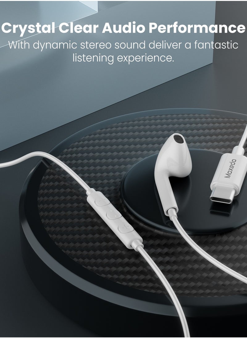 Moxedo Mono Stereo Earphone USB Type-C Connector Earphone with In-Line Remote, Built-in Microphone for iPhone 15, Samsung Galaxy S24 Ultra/S21 Ultra/S20 FE Note 20/10, iPad Pro 2018/Mac Book (White)