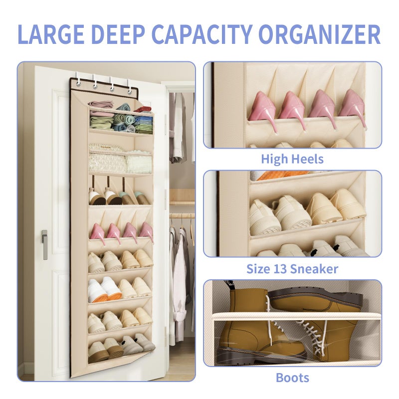 FENTEC 1 Pack Over The Door Shoe Organizer, 68" Exlarge Deep Pockets Hanging Shoe Organizers, 8-Tier Shoe Rack for Closet, Shoe Holder for Boots,Over Door Organizer in Home, RV, Dorm, Beige - Image 2
