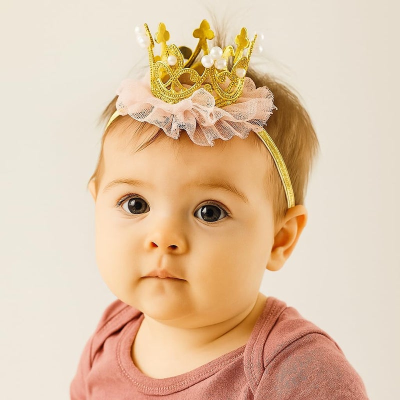 Nishine Princess Toddler Girls Crown Tiaras Baby Elastic Birthday Party Crown Headband Photo Props Gift PearGold - Image 2