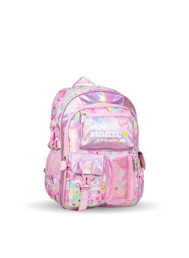 Fantastic MM048 Shimola School Backpack, Holographic Magic Design, Pink, with Multiple Pockets and Side Mesh - Image 1