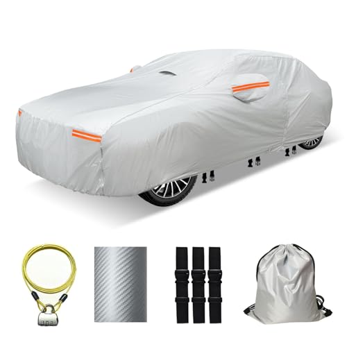 OWEEIO 30 Layers Car Cover for Automobiles All Weather Waterproof, Outdoor Snowproof UV Protection Windproof, Door Zipper, Soft Cotton, Heavy Duty Universal Car Covers, (Silver, Fit Sedans 171"-180") - Image 1