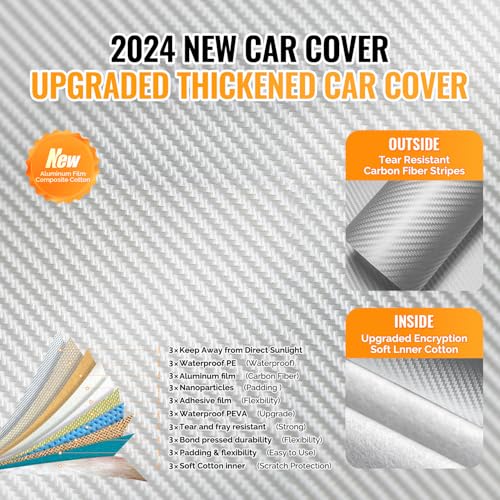 OWEEIO 30 Layers Car Cover for Automobiles All Weather Waterproof, Outdoor Snowproof UV Protection Windproof, Door Zipper, Soft Cotton, Heavy Duty Universal Car Covers, (Silver, Fit Sedans 171"-180") - Image 2