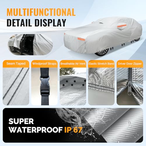 OWEEIO 30 Layers Car Cover for Automobiles All Weather Waterproof, Outdoor Snowproof UV Protection Windproof, Door Zipper, Soft Cotton, Heavy Duty Universal Car Covers, (Silver, Fit Sedans 171"-180") - Image 5