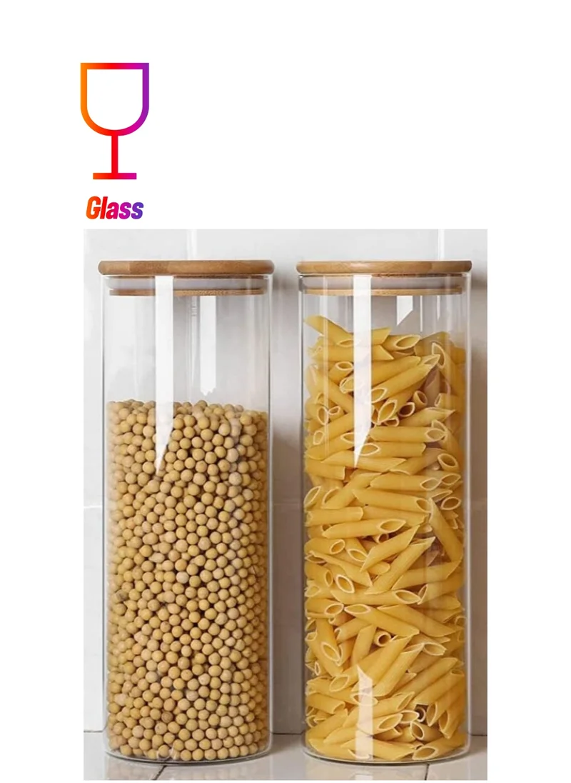 1Chase Borosilicate Glass Storage Jar With Airtight Bamboo Lid, Clear Glass Container, Pantry Organizer For Spaghetti, Pasta, Noodles, Coffee, Tea, Sugar, Set of 2, 2200ML