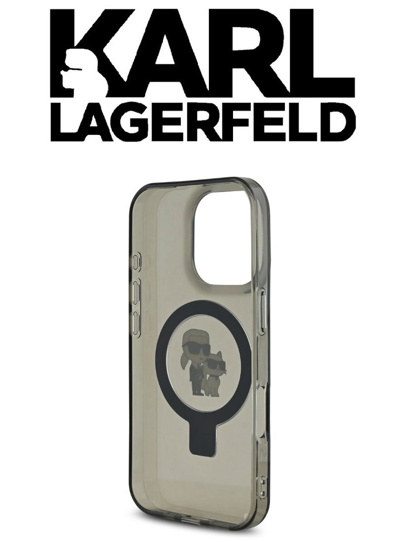 iPhone 16 Pro Case, supports wireless charging MagSafe With stand to and can be used as a phone holder, Dark transparent with original logo and design approved by the global brand (KARL LAGERFELD). From CG Mobile.