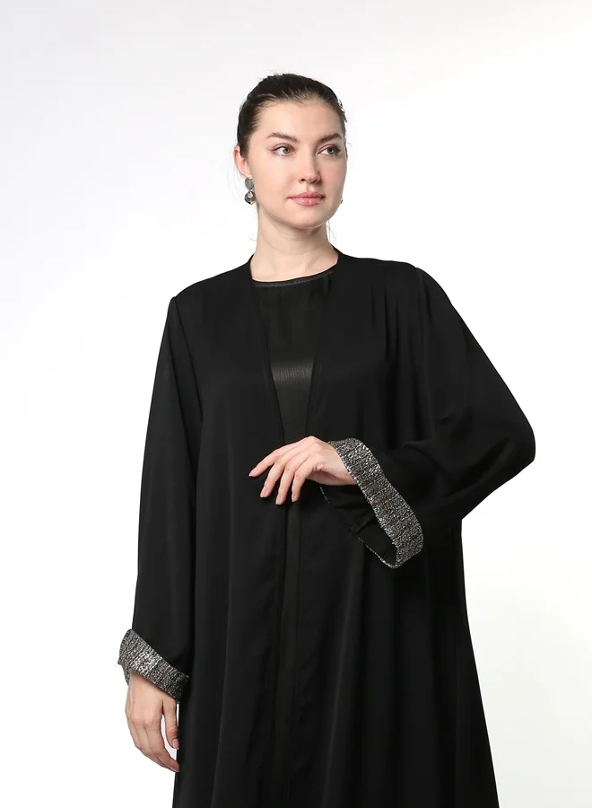 Line73 by Zahra Patterned Front-Cut A-Line Abaya