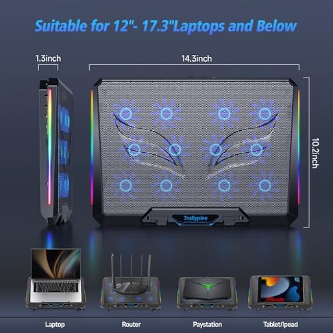 rayihni LAPTOP COOLING STAND AND FAN, ADJUSTABLE BASE FOR 12" TO 17.3 LAPTOP, 5 TILT LEVELS, 12 QUIET FANS (GEAR VERSION) - Image 2