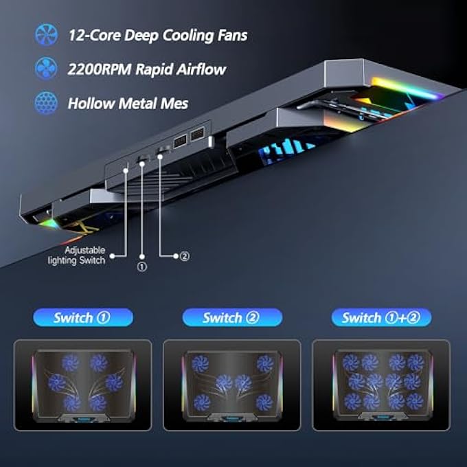 rayihni LAPTOP COOLING STAND AND FAN, ADJUSTABLE BASE FOR 12" TO 17.3 LAPTOP, 5 TILT LEVELS, 12 QUIET FANS (GEAR VERSION) - Image 3