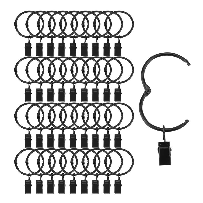 Suneration 36 Pack Openable Curtain Rings with Clips Metal Hangers Ring 2 inch Interior Diameter Rust Proof for Heavy Duty Vintage Decorative Drapery Eyelet Curtain Rods Black