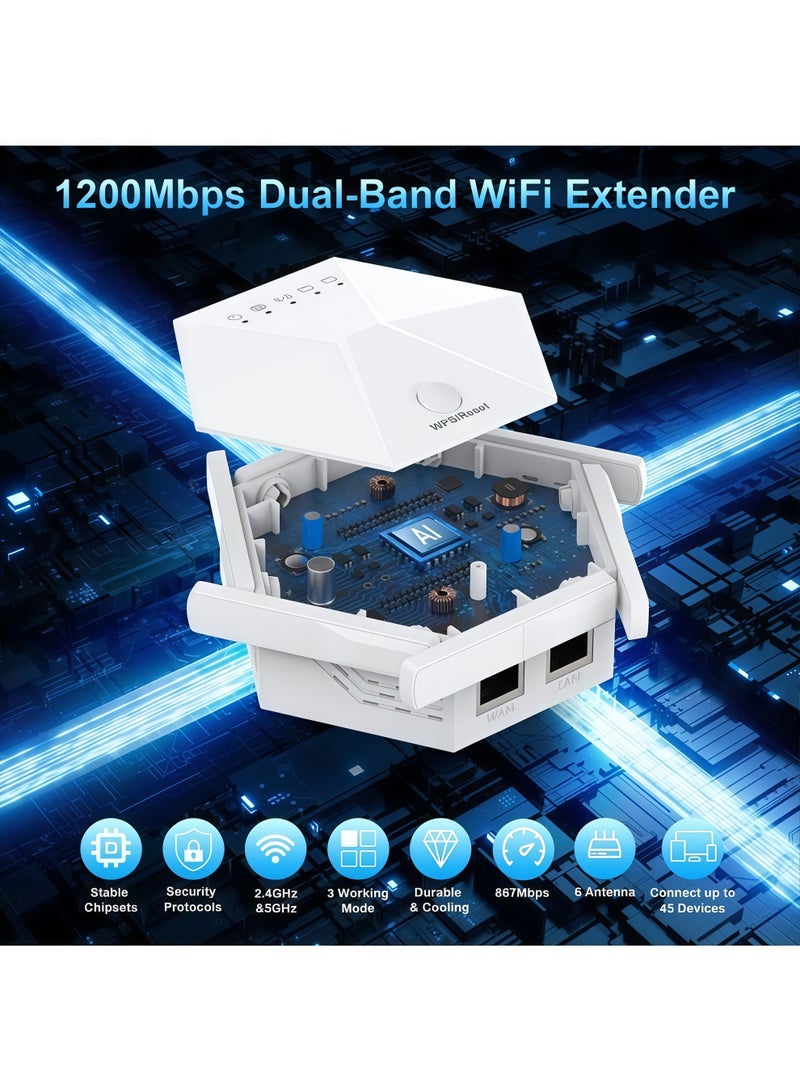جهاز مقوي إشارة واي فاي لاسلكي بستة هوائيات، سرعة 1200 ميجابت في الثانية، ثنائي النطاق 5 جيجاهرتز/2.4 جيجاهرتز، موسع نطاق الإنترنت اللاسلكي طويل المدى، تغطية شاملة 360 درجة، يغطي مساحة تصل إلى 10000 قدم مربع - أبيض. - Image 2