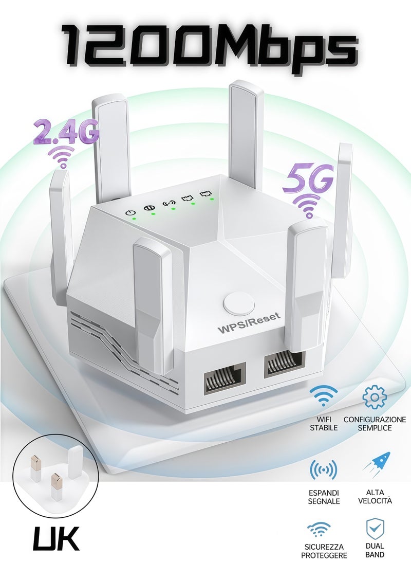 جهاز مقوي إشارة واي فاي لاسلكي بستة هوائيات، سرعة 1200 ميجابت في الثانية، ثنائي النطاق 5 جيجاهرتز/2.4 جيجاهرتز، موسع نطاق الإنترنت اللاسلكي طويل المدى، تغطية شاملة 360 درجة، يغطي مساحة تصل إلى 10000 قدم مربع - أبيض. - Image 1
