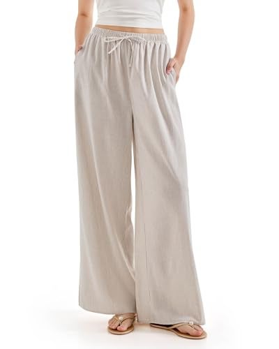 SUUKSESS Women Wide Leg Flowy Linen Pant with Pockets High Waisted Casual Lounge Palazzo Pant (Striped Khaki, M) - Image 1