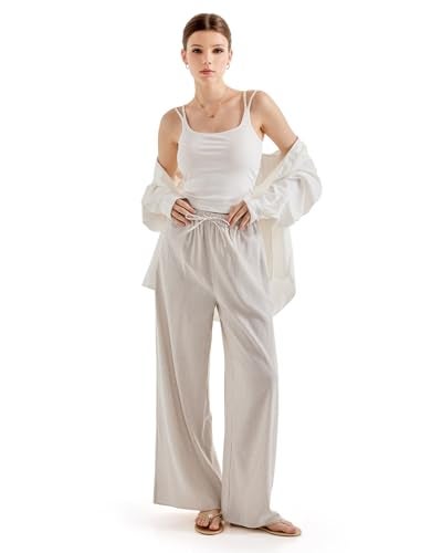 SUUKSESS Women Wide Leg Flowy Linen Pant with Pockets High Waisted Casual Lounge Palazzo Pant (Striped Khaki, M) - Image 5