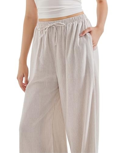 SUUKSESS Women Wide Leg Flowy Linen Pant with Pockets High Waisted Casual Lounge Palazzo Pant (Striped Khaki, M) - Image 3
