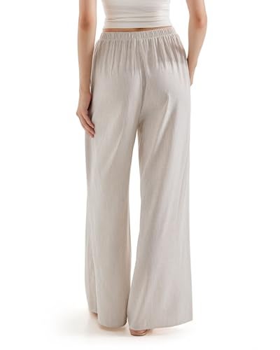 SUUKSESS Women Wide Leg Flowy Linen Pant with Pockets High Waisted Casual Lounge Palazzo Pant (Striped Khaki, M) - Image 2