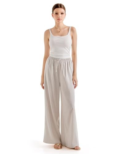 SUUKSESS Women Wide Leg Flowy Linen Pant with Pockets High Waisted Casual Lounge Palazzo Pant (Striped Khaki, M) - Image 4