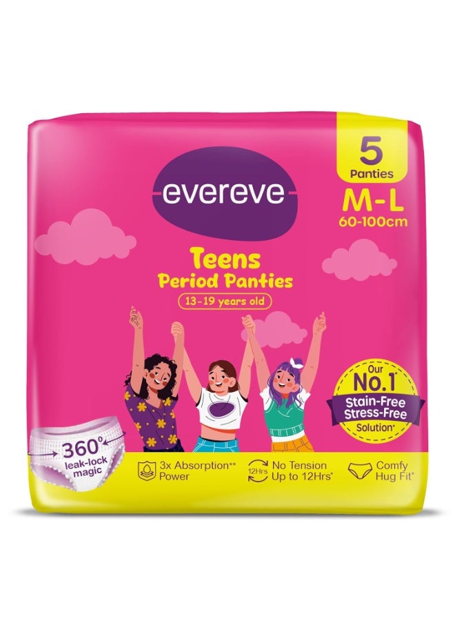 عشية أي وقت مضى سراويل داخلية خاصة بفترة الحيض للفتيات من Evereve Teens، مقاس M-L (عبوة من 5 قطع) - مناسبة للفئة العمرية من 13 إلى 19 عاماً. تتميز بتغطية شاملة بزاوية 360 درجة لمنع التسرب، وتوفر حماية تمتد حتى 12 ساعة، مع قدرة عالية على امتصاص التدفق الغزير. تُعد خياراً مثالياً للاستخدام في المدرسة وأثناء الليل، وتتميز بتصميم مريح يوفر ملاءمة محكمة واحتضاناً لطيفاً للجسم. - Image 1