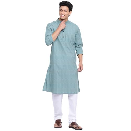 Fabindia Men's Green Cotton Printed Slim Fit Long Kurta - Image 5