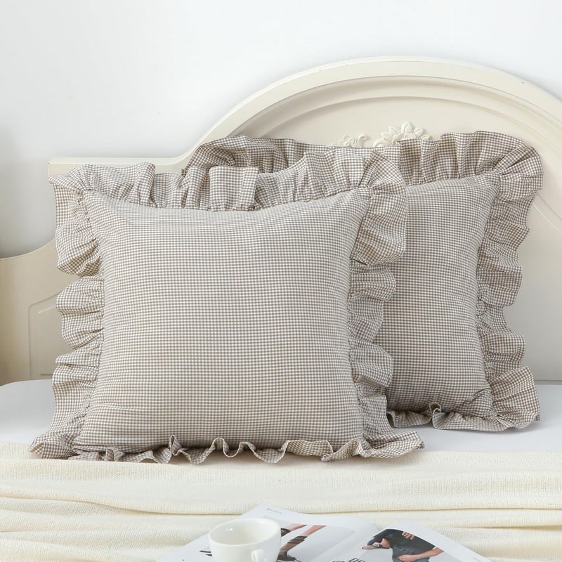 Silnuo Brown/White Ruffle Plaid Throw Pillow Covers Farmhouse Checkered Gingham Pillowcases 24"x24" Pillow Shams for Couch,Sofa,Bed and Living Room - Image 1