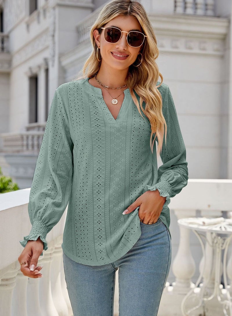 Loquat New Solid Color Hollowed Out Pleated Lotus Sleeve V-neck Loose Sleeved Shirt  - Image 1