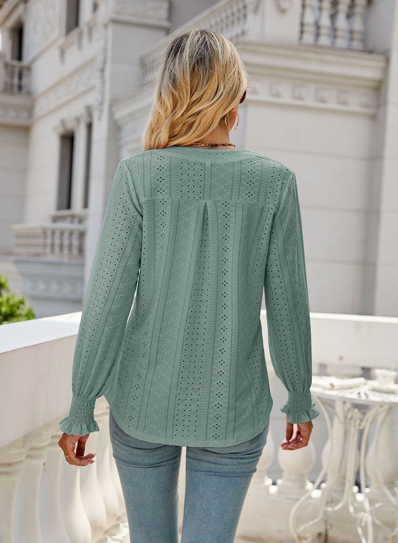 Loquat New Solid Color Hollowed Out Pleated Lotus Sleeve V-neck Loose Sleeved Shirt  - Image 2