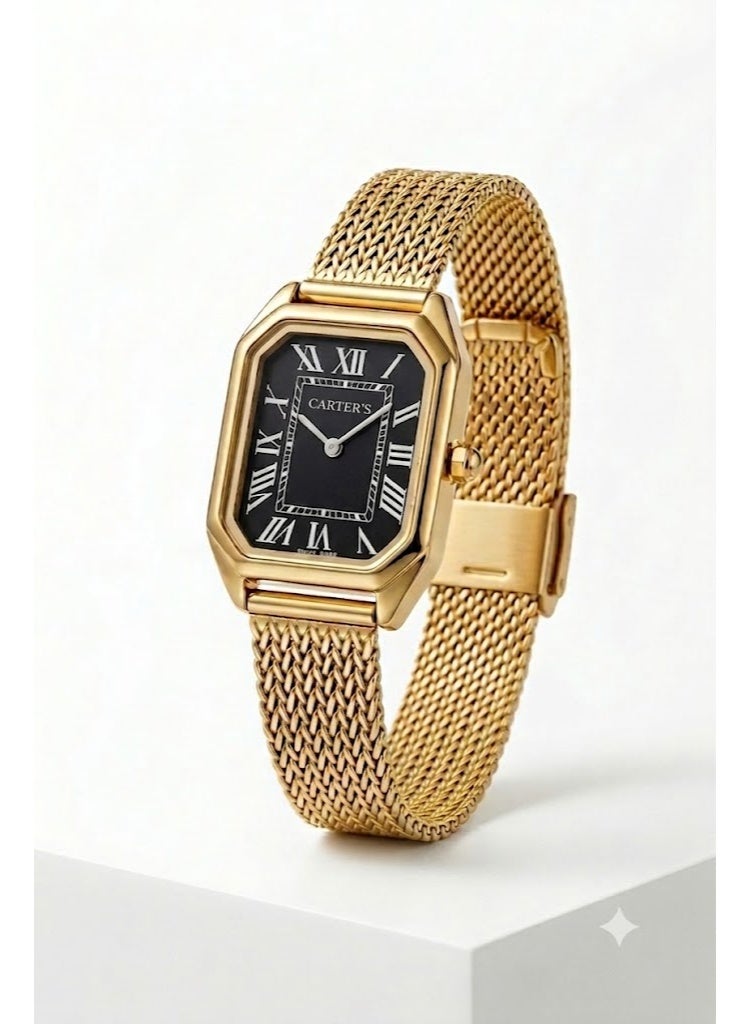 Carter's Women's Gold-Tone Stainless Steel Watch with Black Rectangular Dial and Mesh Band - Image 1