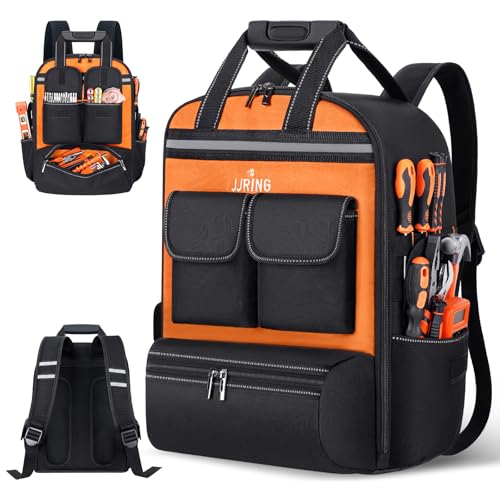 Jjring Tool Bag Backpack For Men With 18 Tool Pockets HeavyDuty Tool Storage Organizer Bag With Padded Shoulder Waist Support Multi Pouch Pockets bag For Contractor Plumbers HVAC TechsOrange - Image 1