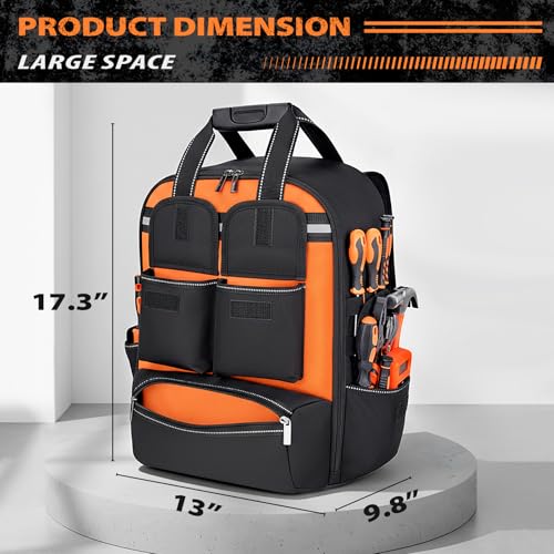 Jjring Tool Bag Backpack For Men With 18 Tool Pockets HeavyDuty Tool Storage Organizer Bag With Padded Shoulder Waist Support Multi Pouch Pockets bag For Contractor Plumbers HVAC TechsOrange - Image 3