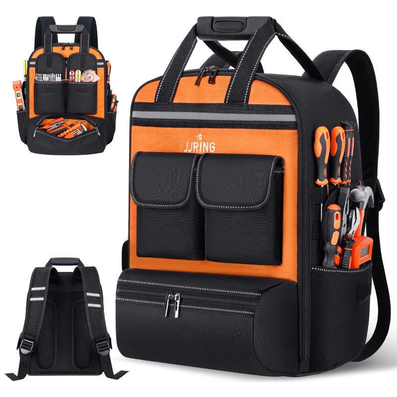 Jjring Tool Bag Backpack For Men With 18 Tool Pockets HeavyDuty Tool Storage Organizer Bag With Padded Shoulder Waist Support Multi Pouch Pockets bag For Contractor Plumbers HVAC TechsOrange - Image 2