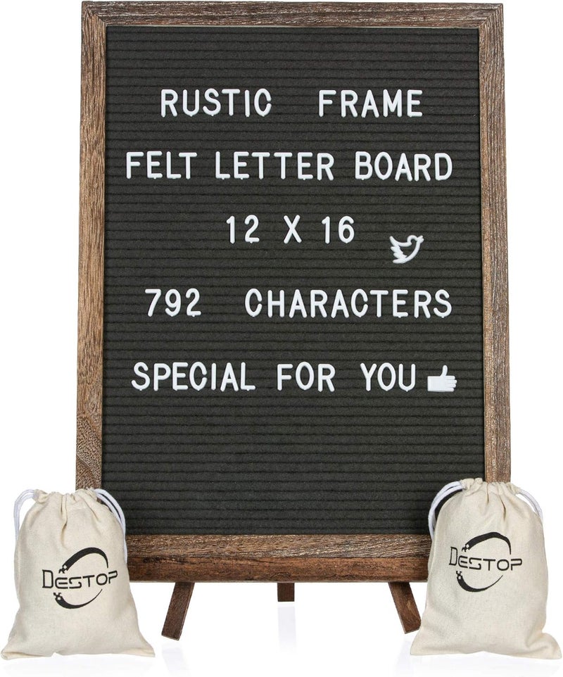 Destop Felt Letter Board with Rustic Vintage Frame and Stand 12x16 inch,Grey Changeable Letter and Message Board Includes 792 Letters, Numbers and Symbols, Hook to Hang, 2 Canvas Bags - Image 1
