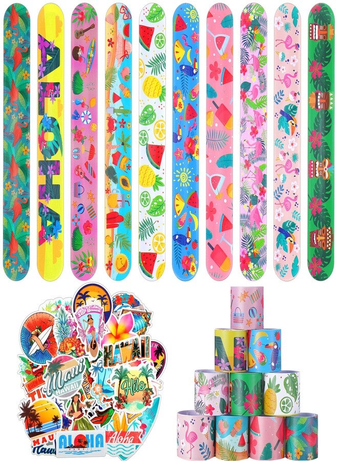 Sratte 40 Pieces Hawaiian Theme Slap Bracelets with 50 Pieces Hawaii Stickers Summer Hawaii Snap Bracelet for Adult Luau Tropical Gifts Birthday Party Favors - Image 1