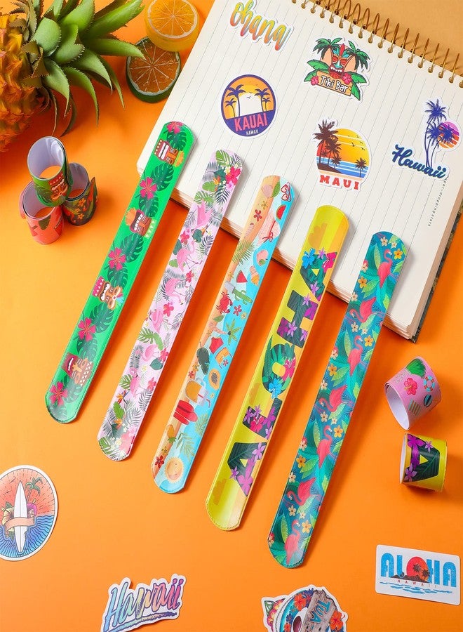 Sratte 40 Pieces Hawaiian Theme Slap Bracelets with 50 Pieces Hawaii Stickers Summer Hawaii Snap Bracelet for Adult Luau Tropical Gifts Birthday Party Favors - Image 2