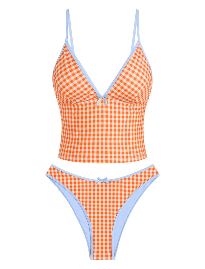 ZAFUL Swimsuits for Women's Tummy Control Tankini V Neck High Waisted Tie Bikini Set 2 Pieces Bathing Suits (2-a-Orange, M) - Image 1