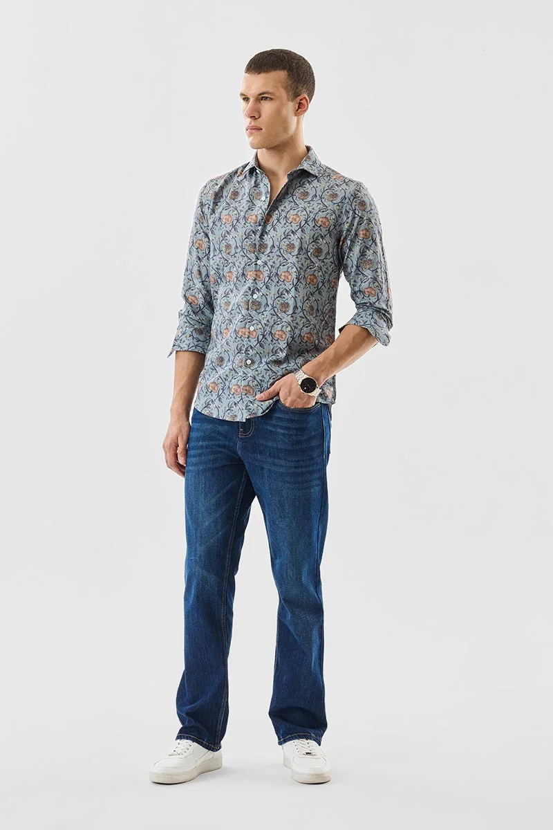 سنيتش Blue Abstract Long Sleeve Slim Fit Shirt