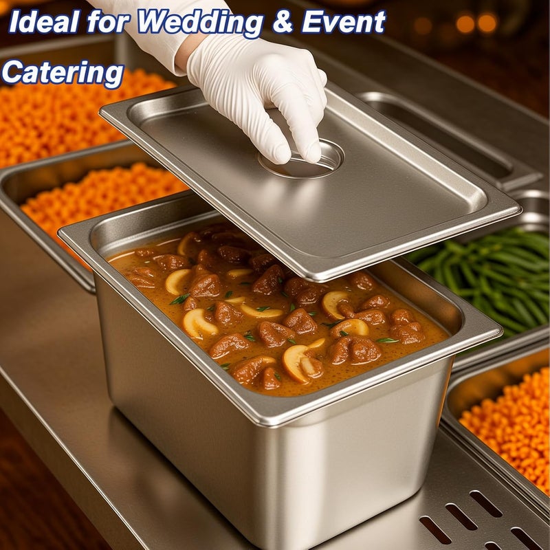SHANDERBAR 3 Pack Hotel Pans with Lids, 1/3 Size x 6 Inch Deep Steam Table Pan, Commercial Stainless Steel Hotel Pan Restaurant Supplies Tray Square Steam Table Half Pans for Chafing Dishes, Buffet, Home, Party - Image 5