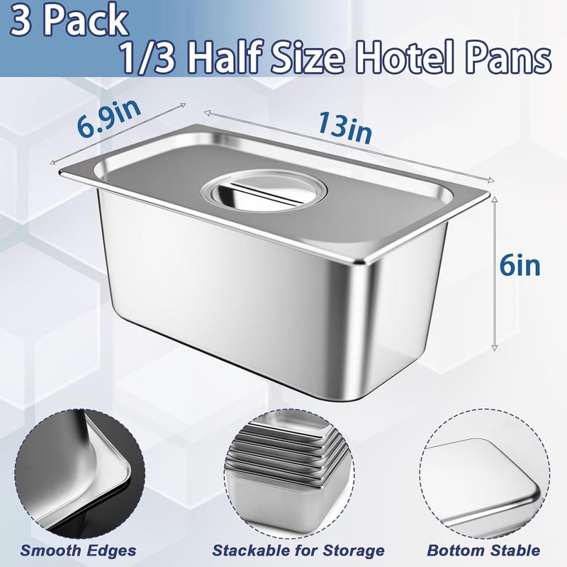 SHANDERBAR 3 Pack Hotel Pans with Lids, 1/3 Size x 6 Inch Deep Steam Table Pan, Commercial Stainless Steel Hotel Pan Restaurant Supplies Tray Square Steam Table Half Pans for Chafing Dishes, Buffet, Home, Party - Image 2