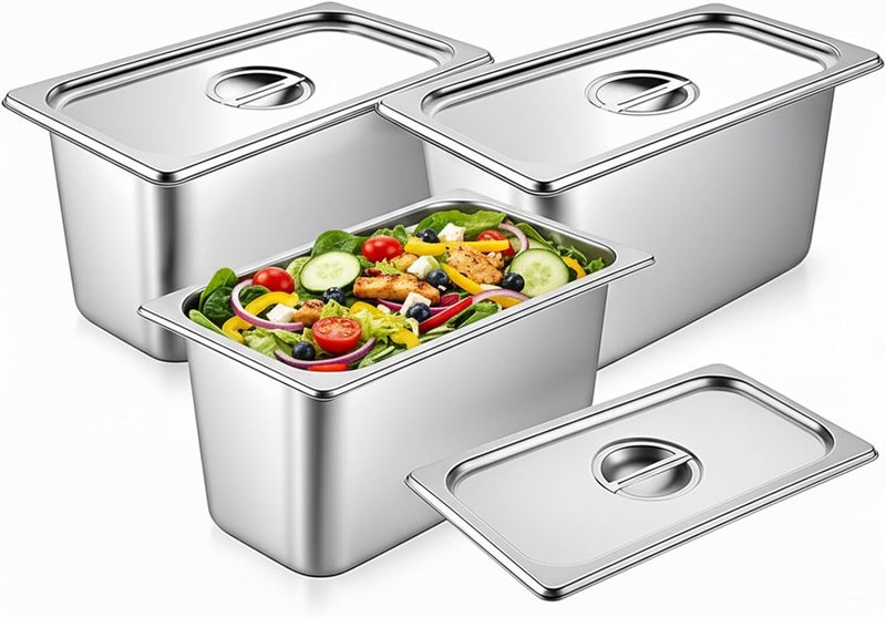 SHANDERBAR 3 Pack Hotel Pans with Lids, 1/3 Size x 6 Inch Deep Steam Table Pan, Commercial Stainless Steel Hotel Pan Restaurant Supplies Tray Square Steam Table Half Pans for Chafing Dishes, Buffet, Home, Party - Image 1