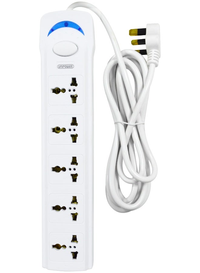 Unipower شريط الطاقة يوني باور EX-1701 سلك تمديد مع 5 مخارج مع مفتاح، محول قابس عالمي، مقبس شحن مع سلك تمديد بطول 3 متر (أبيض) - Image 1