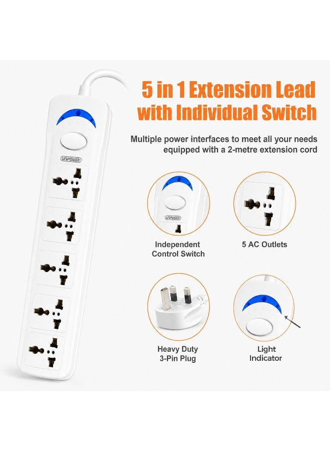 Unipower Power Strips EX-1701 Extension Cord with 5 way Outlets with switch, Universal Plug Adapter, Charging Socket with 3 meter Extension Cord (White) - Image 2