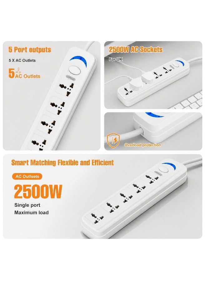 Unipower Power Strips EX-1701 Extension Cord with 5 way Outlets with switch, Universal Plug Adapter, Charging Socket with 3 meter Extension Cord (White) - Image 4
