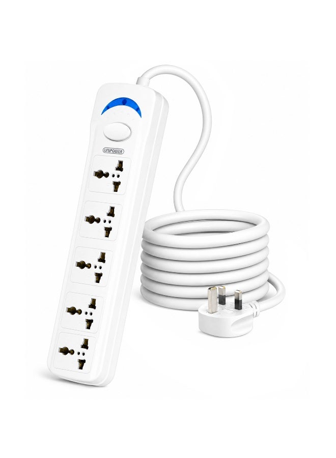 Unipower Power Strips EX-1701 Extension Cord with 5 way Outlets with switch, Universal Plug Adapter, Charging Socket with 3 meter Extension Cord (White) - Image 1