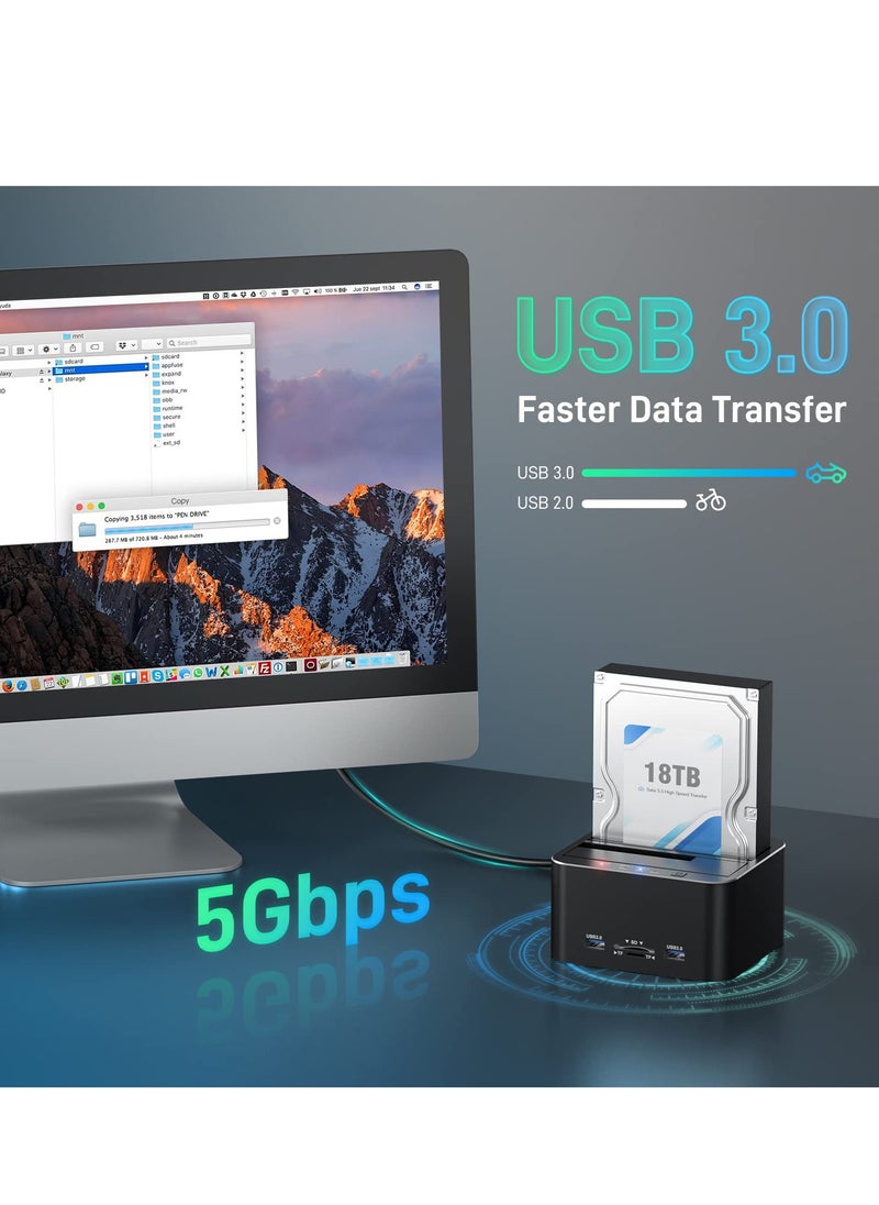 XiuWoo Hard Drive Docking Station, USB 3.0 SATA to HDD Docking Station for 2.5 & 3.5 inch SATA HDD/SSD, Dual Bay, Support Offline Clone, SD/TF Card Reader, USB Ports, Black  - Image 2