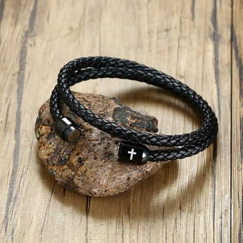 MEALGUET Men's Cross Bracelets Black Genuine Braided Double Wrap Jesus Cross Braided Leather Bracelets with Stainless Steel Clasp for Men Boyfriend,Christian Jewelry Gifts,7.6" - Image 2