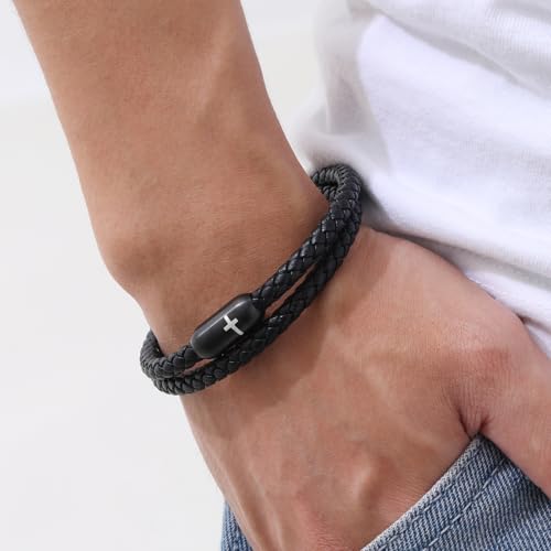 MEALGUET Men's Cross Bracelets Black Genuine Braided Double Wrap Jesus Cross Braided Leather Bracelets with Stainless Steel Clasp for Men Boyfriend,Christian Jewelry Gifts,7.6" - Image 5