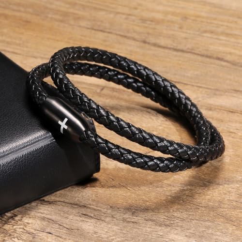 MEALGUET Men's Cross Bracelets Black Genuine Braided Double Wrap Jesus Cross Braided Leather Bracelets with Stainless Steel Clasp for Men Boyfriend,Christian Jewelry Gifts,7.6" - Image 3