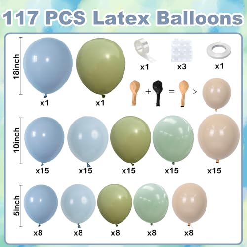 Govpy Dusty Blue Sage Green Balloons Garland Arch Kit 117 Pcs Double Stuffed Fog Blue Light Blue Green Sand White Balloons for Baby Shower Bridal Shower Birthday Wedding Anniversary Ocean Party Decorations - Image 5