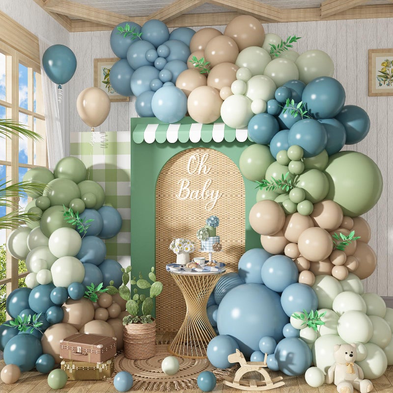 Govpy Dusty Blue Sage Green Balloons Garland Arch Kit 117 Pcs Double Stuffed Fog Blue Light Blue Green Sand White Balloons for Baby Shower Bridal Shower Birthday Wedding Anniversary Ocean Party Decorations - Image 3