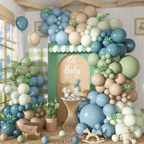 Govpy Dusty Blue Sage Green Balloons Garland Arch Kit 117 Pcs Double Stuffed Fog Blue Light Blue Green Sand White Balloons for Baby Shower Bridal Shower Birthday Wedding Anniversary Ocean Party Decorations - Image 1
