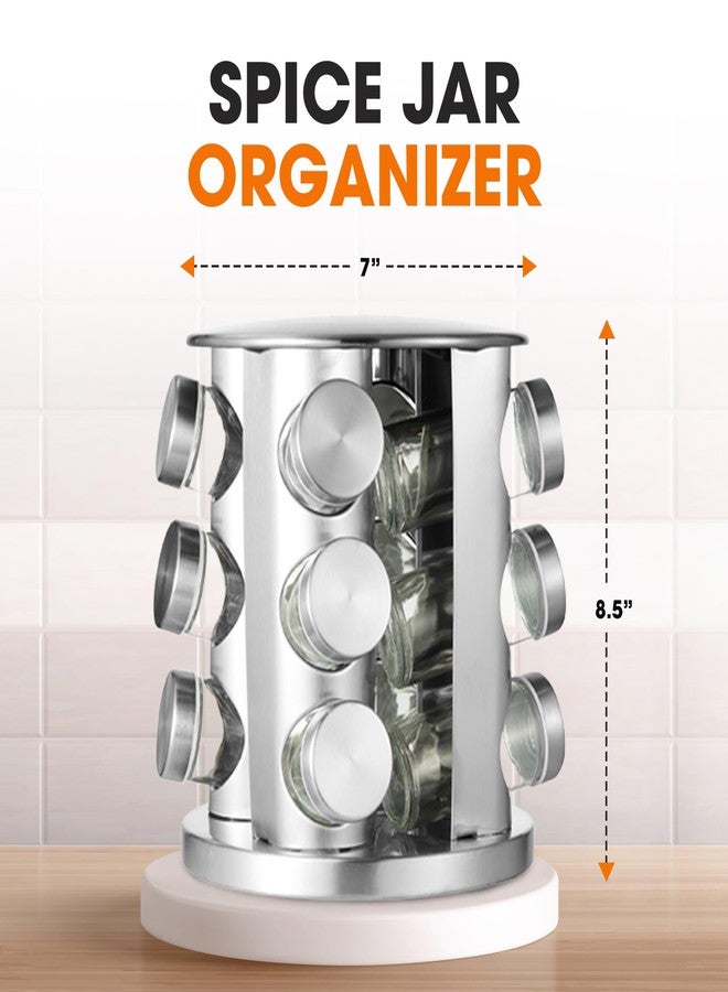 تشير كوليكشن رف توابل دوار من مجموعة تشير، مناسب لسطح المطبخ، مزود بـ 12 برطمانًا، ومنظم تخزين دوار من الفولاذ المقاوم للصدأ للتوابل والبهارات، بالإضافة إلى قلم قابل للمسح الجاف و48 ملصقًا قابلاً لإعادة الاستخدام. - Image 3